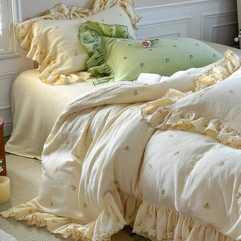 Duvet Cover Set Cotton-Linen Floral Embroidery & Ruffle