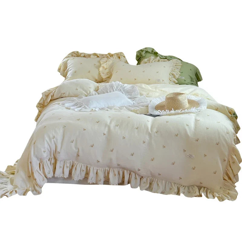 Duvet Cover Set Cotton-Linen Floral Embroidery & Ruffle