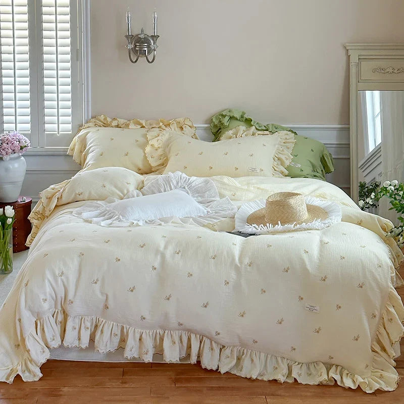 Duvet Cover Set Cotton-Linen Floral Embroidery & Ruffle