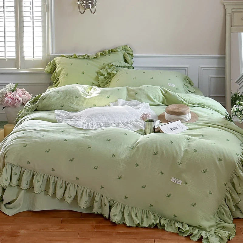 Duvet Cover Set Cotton-Linen Floral Embroidery & Ruffle