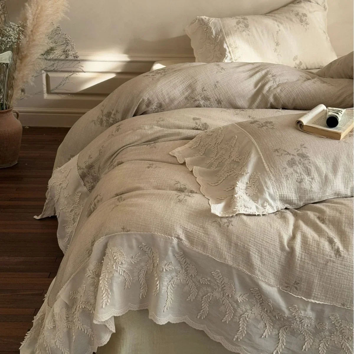 Duvet Cover Set Cotton-Linen Tonal Embroidery & Lace Trim