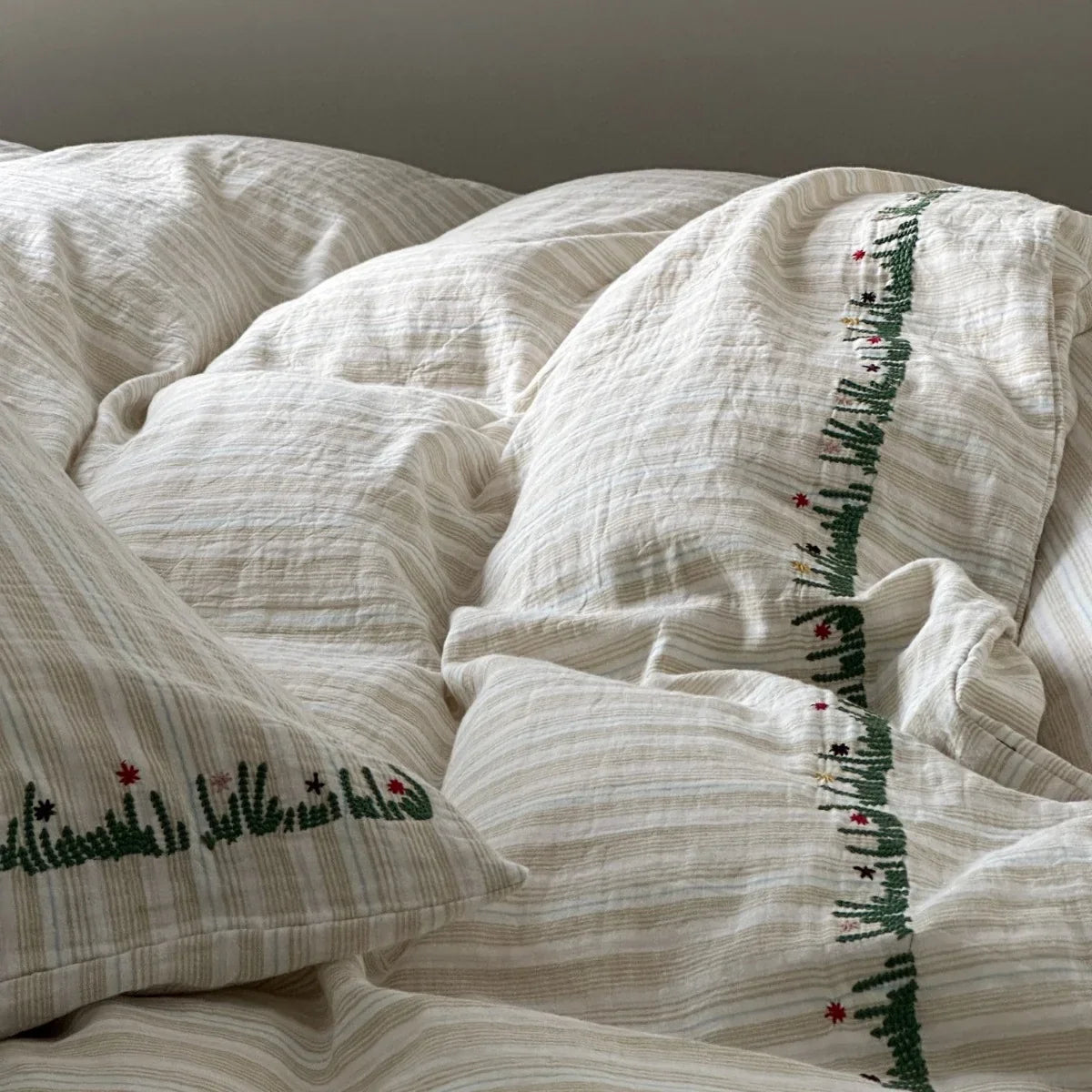 Duvet Cover Set Cotton-Linen Washed Crinkle Embroidered Border