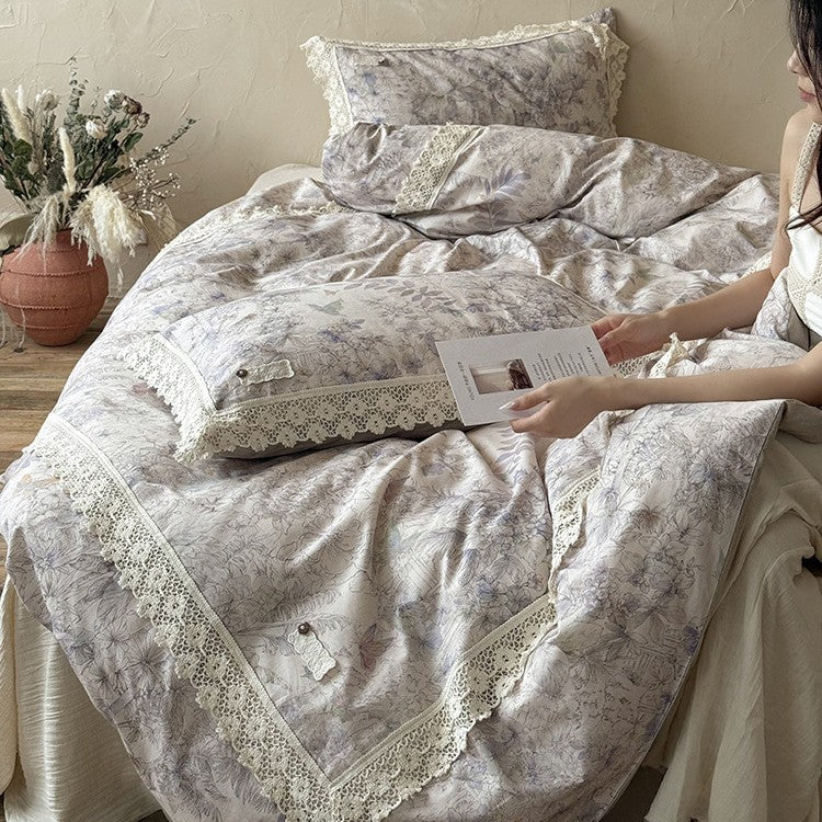 Duvet Cover Set Cotton Percale Breathable Lace Trim