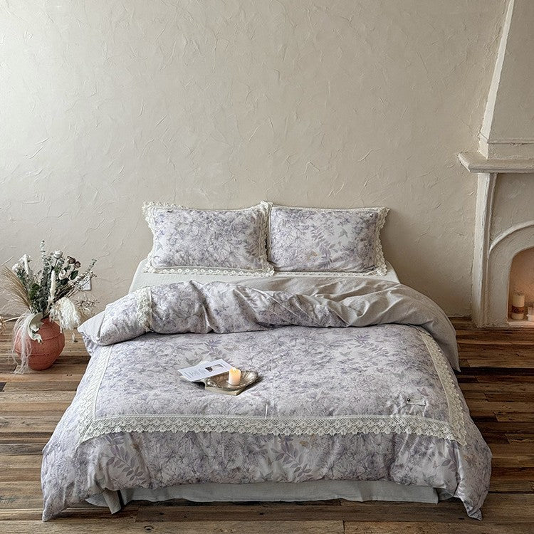 Duvet Cover Set Cotton Percale Breathable Lace Trim