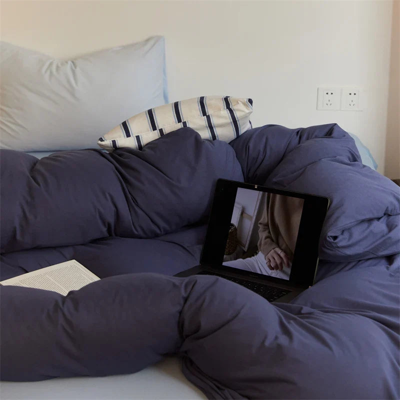 Duvet Cover Set Cotton Percale Breathable Striped Pillowcases