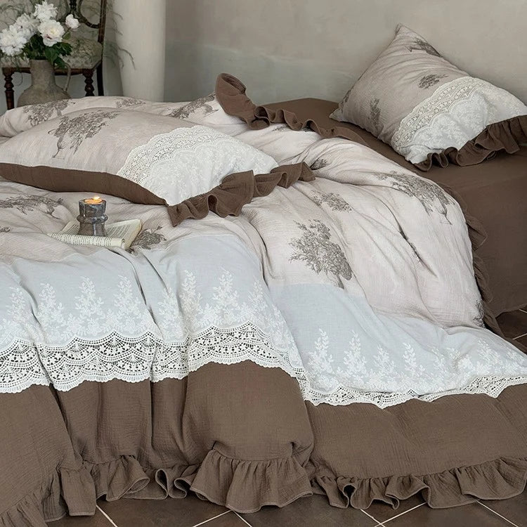 Duvet Cover Set Cotton Percale Floral Crochet Lace