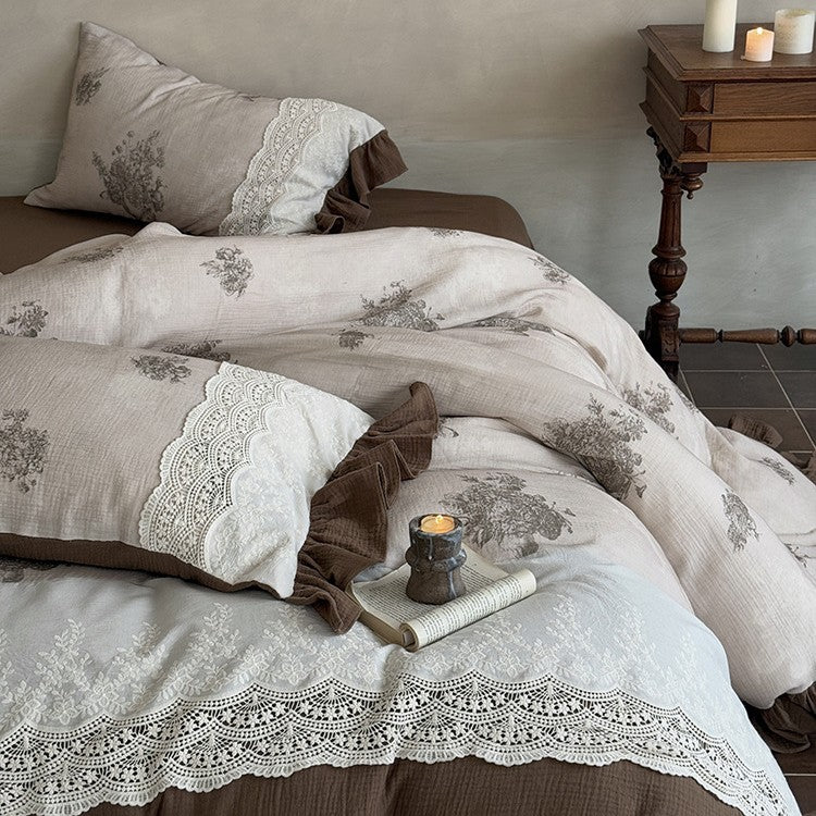 Duvet Cover Set Cotton Percale Floral Crochet Lace