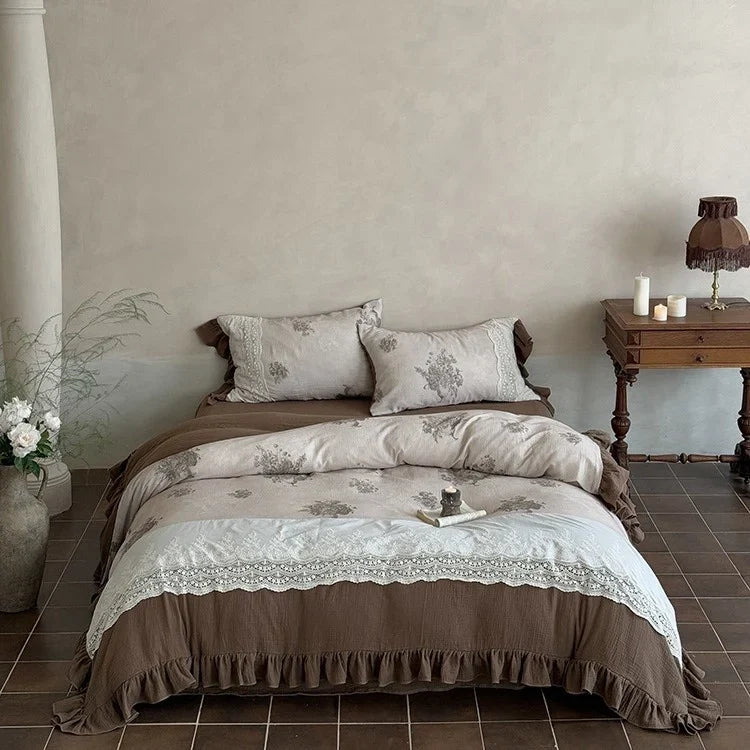 Duvet Cover Set Cotton Percale Floral Crochet Lace