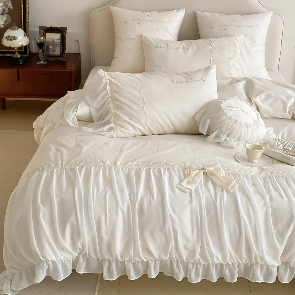 Duvet Cover Set Cotton Satin Blend Ruffle & Bow