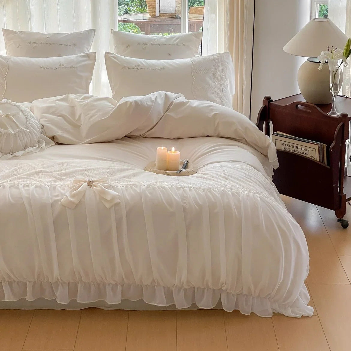 Duvet Cover Set Cotton Satin Blend Ruffle & Bow