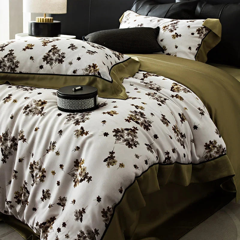 Duvet Cover Set Cotton Satin Breathable Floral Watercolor