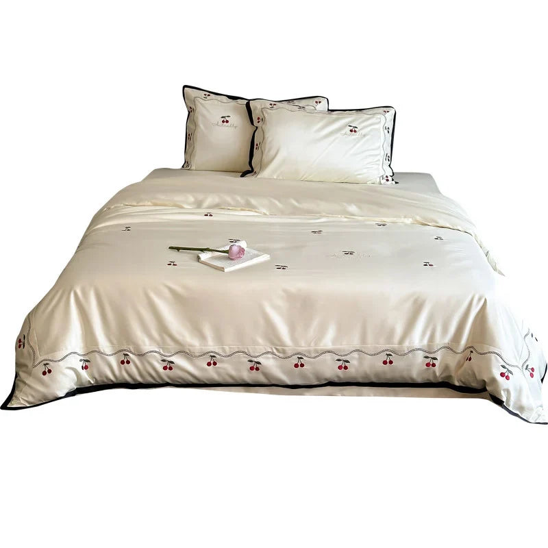 Duvet Cover Set Cotton Satin Cherry Applique & Piping
