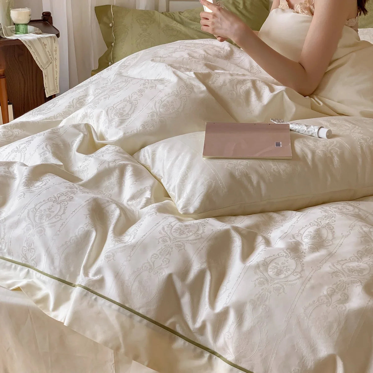 Duvet Cover Set Cotton Satin Damask Jacquard Contrasting Piping