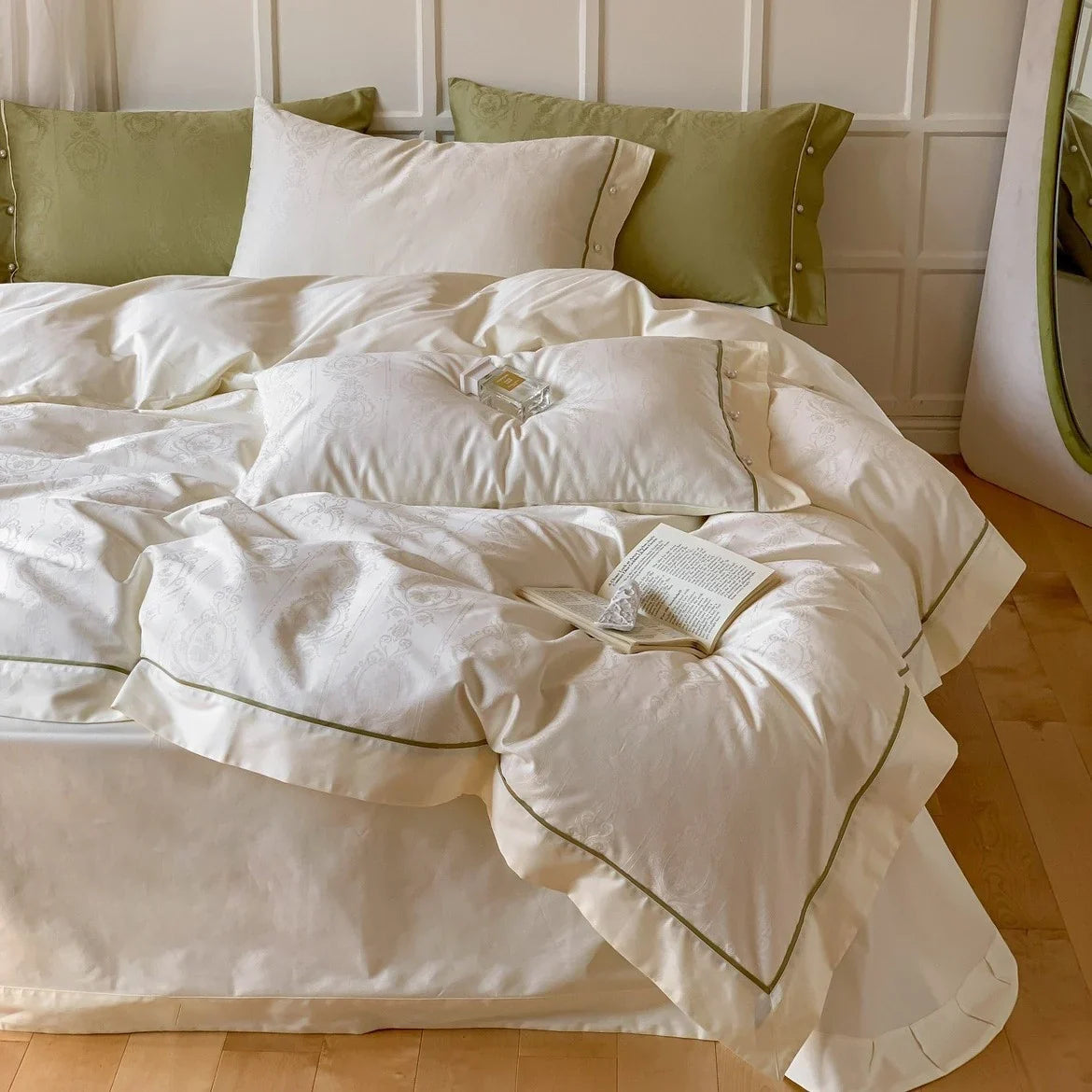 Duvet Cover Set Cotton Satin Damask Jacquard Contrasting Piping