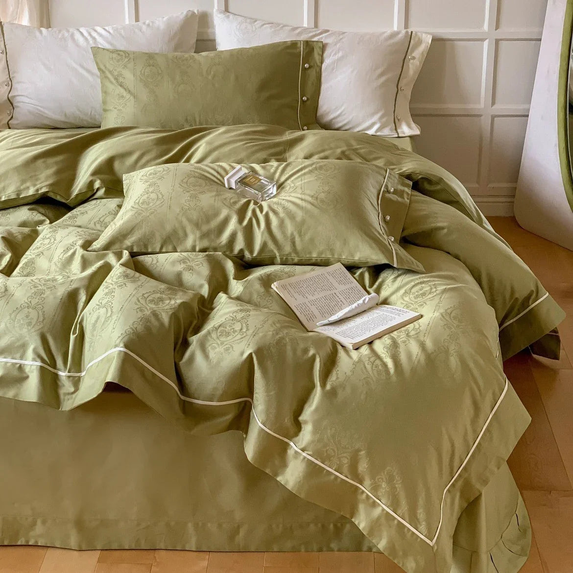 Duvet Cover Set Cotton Satin Damask Jacquard Contrasting Piping
