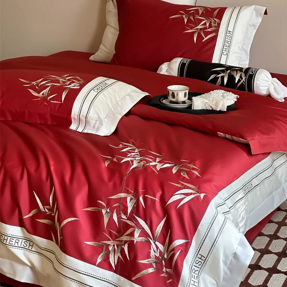 Duvet Cover Set Cotton Satin Embroidered Bamboo Easy Care