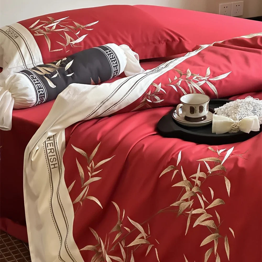 Duvet Cover Set Cotton Satin Embroidered Bamboo Easy Care