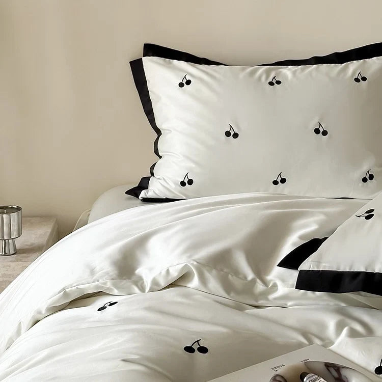 Duvet Cover Set Cotton Satin Embroidered Cherry