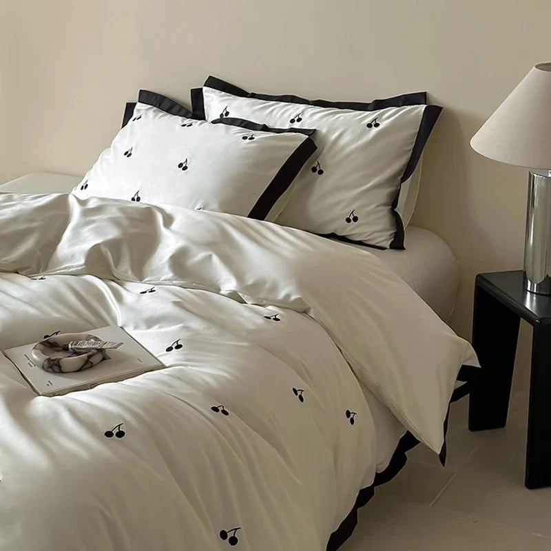 Duvet Cover Set Cotton Satin Embroidered Cherry
