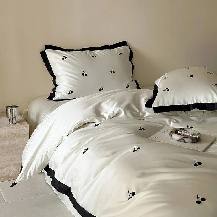 Duvet Cover Set Cotton Satin Embroidered Cherry