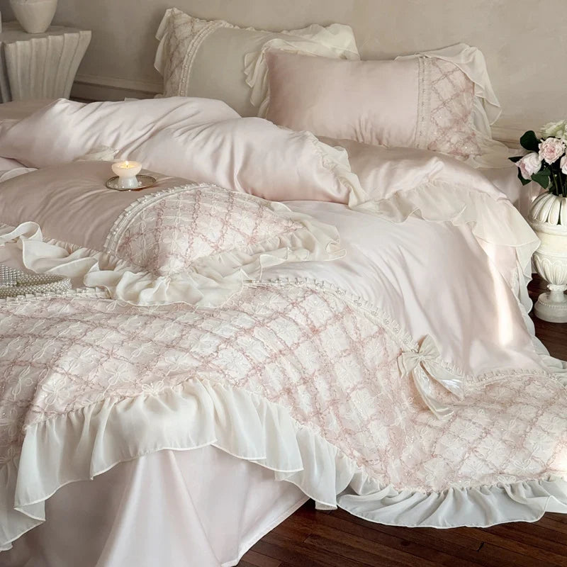 Duvet Cover Set Cotton Satin Embroidered Lace & Ruffles 4-Piece