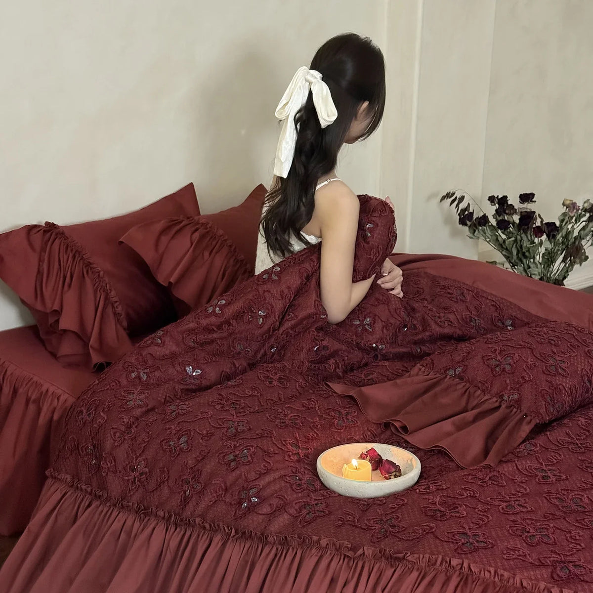 Duvet Cover Set Cotton Satin Embroidered Overlay Ruffled Edges