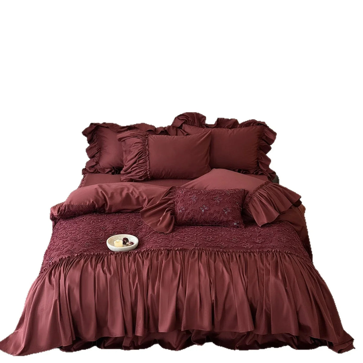 Duvet Cover Set Cotton Satin Embroidered Overlay Ruffled Edges