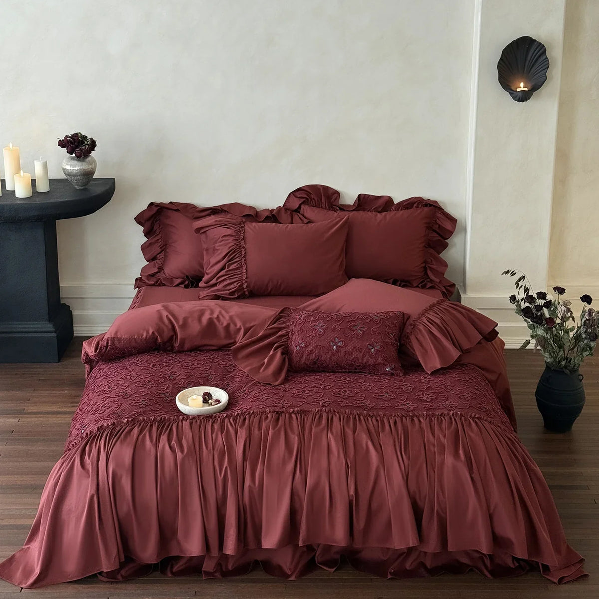 Duvet Cover Set Cotton Satin Embroidered Overlay Ruffled Edges