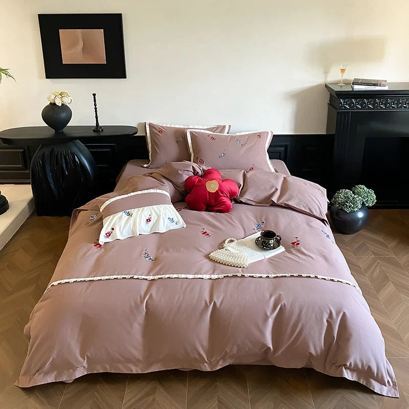 Duvet Cover Set Cotton Satin Embroidered Wildflower