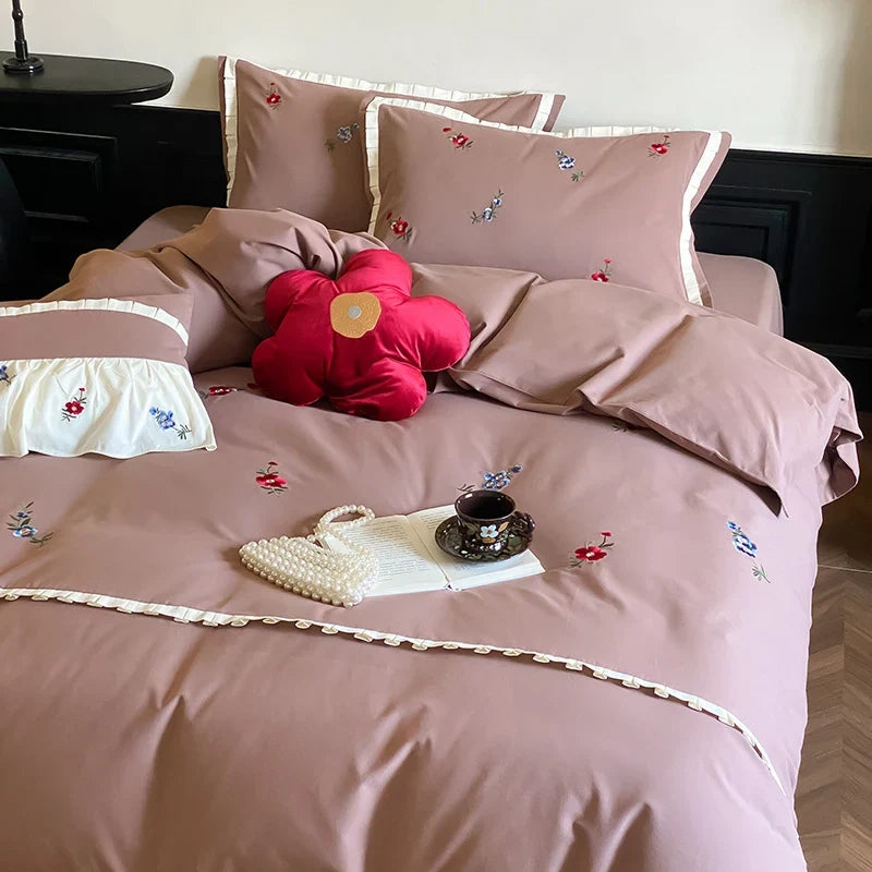 Duvet Cover Set Cotton Satin Embroidered Wildflower