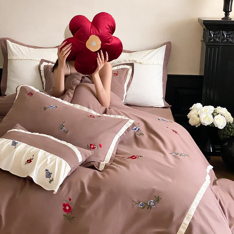 Duvet Cover Set Cotton Satin Embroidered Wildflower