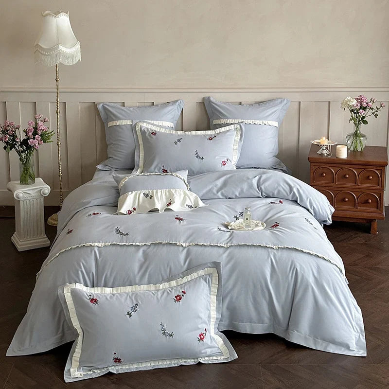 Duvet Cover Set Cotton Satin Embroidered Wildflower