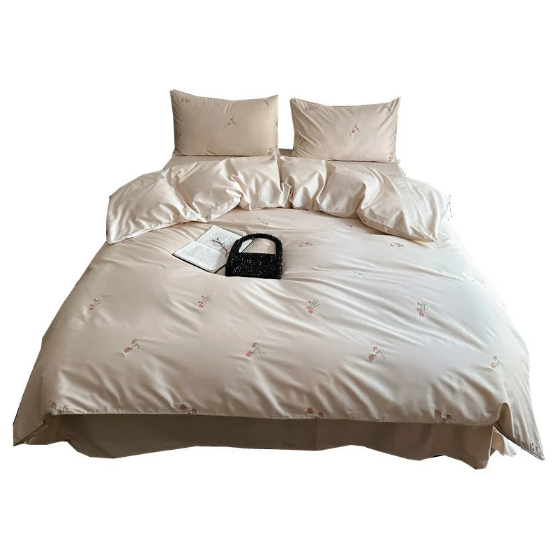 Duvet Cover Set Cotton Satin Floral Embroidery 4-Piece