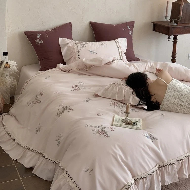 Duvet Cover Set Cotton Satin Floral Embroidery Lace Trim