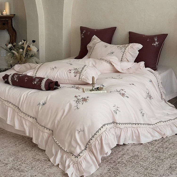Duvet Cover Set Cotton Satin Floral Embroidery Lace Trim