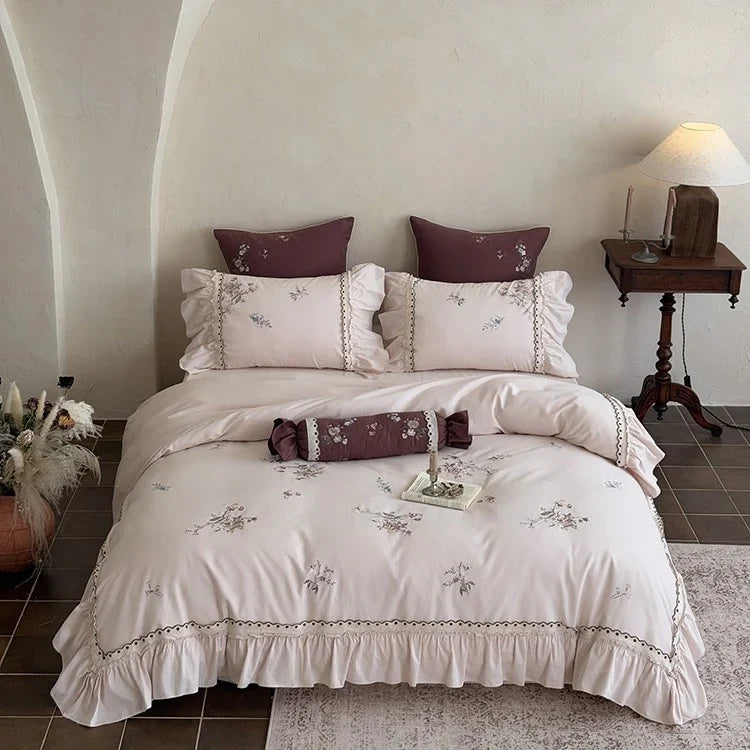 Duvet Cover Set Cotton Satin Floral Embroidery Lace Trim