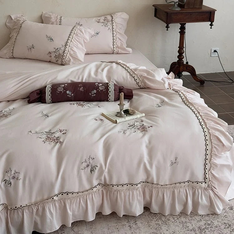 Duvet Cover Set Cotton Satin Floral Embroidery Lace Trim