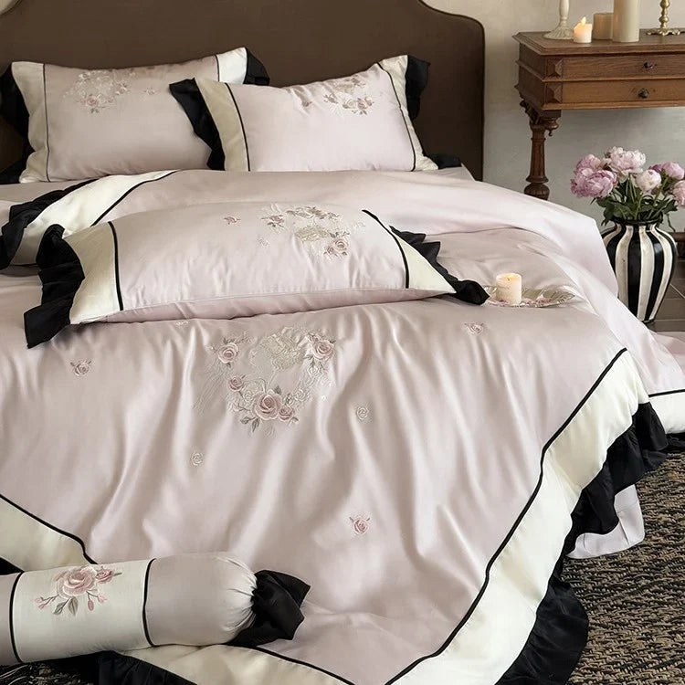Duvet Cover Set Cotton Satin Floral Embroidery Machine Washable