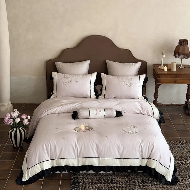 Duvet Cover Set Cotton Satin Floral Embroidery Machine Washable