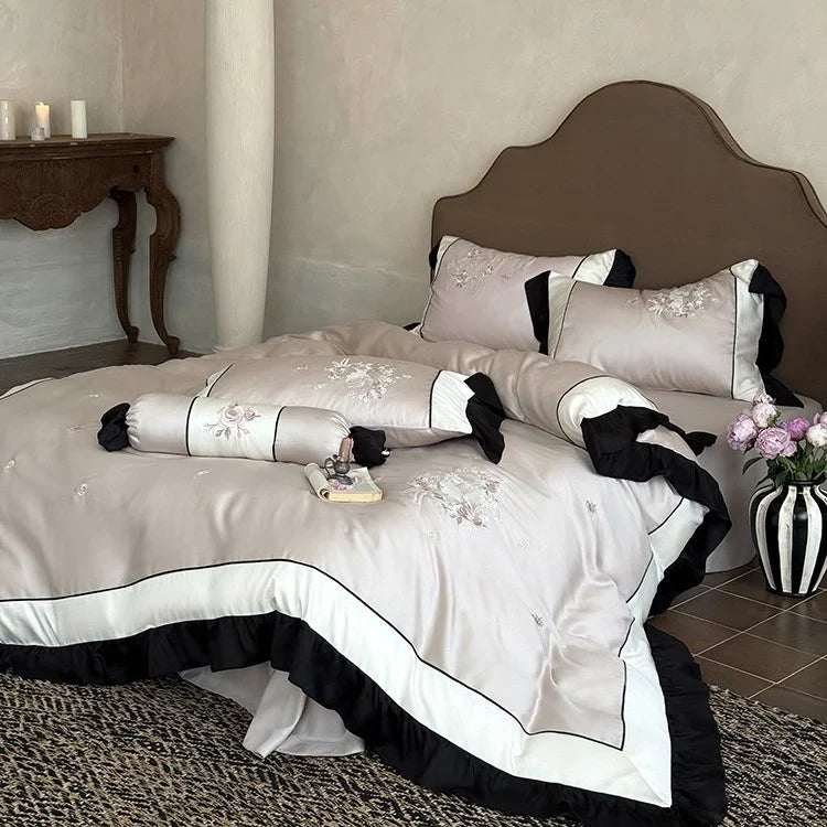 Duvet Cover Set Cotton Satin Floral Embroidery Machine Washable