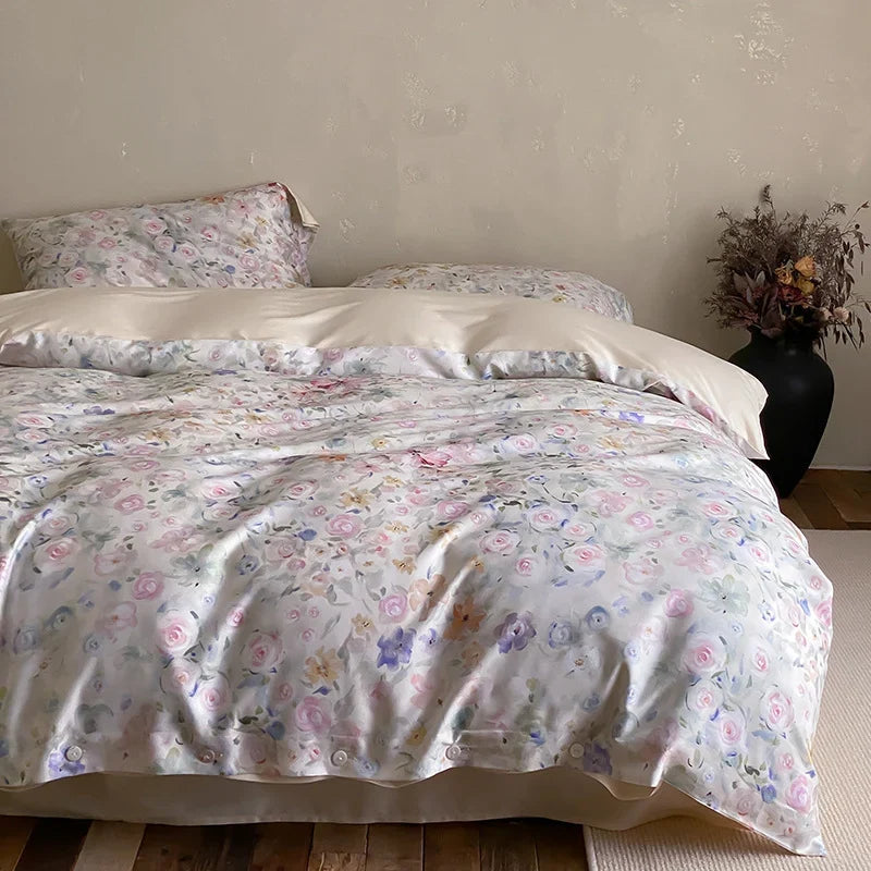 Duvet Cover Set Cotton Satin Floral Jacquard Button Closure