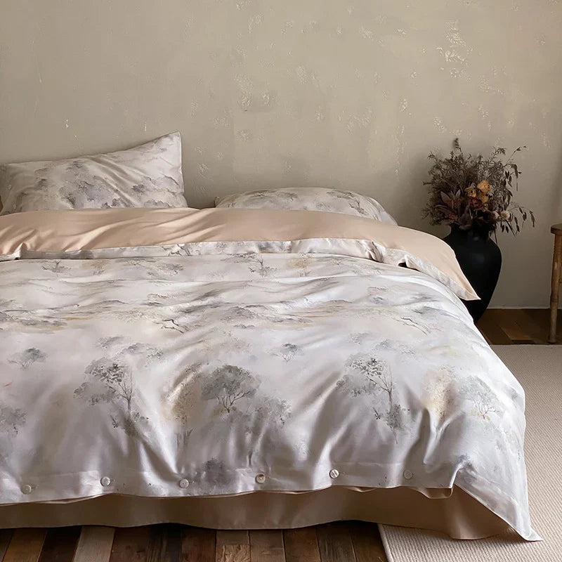 Duvet Cover Set Cotton Satin Floral Jacquard Button Closure