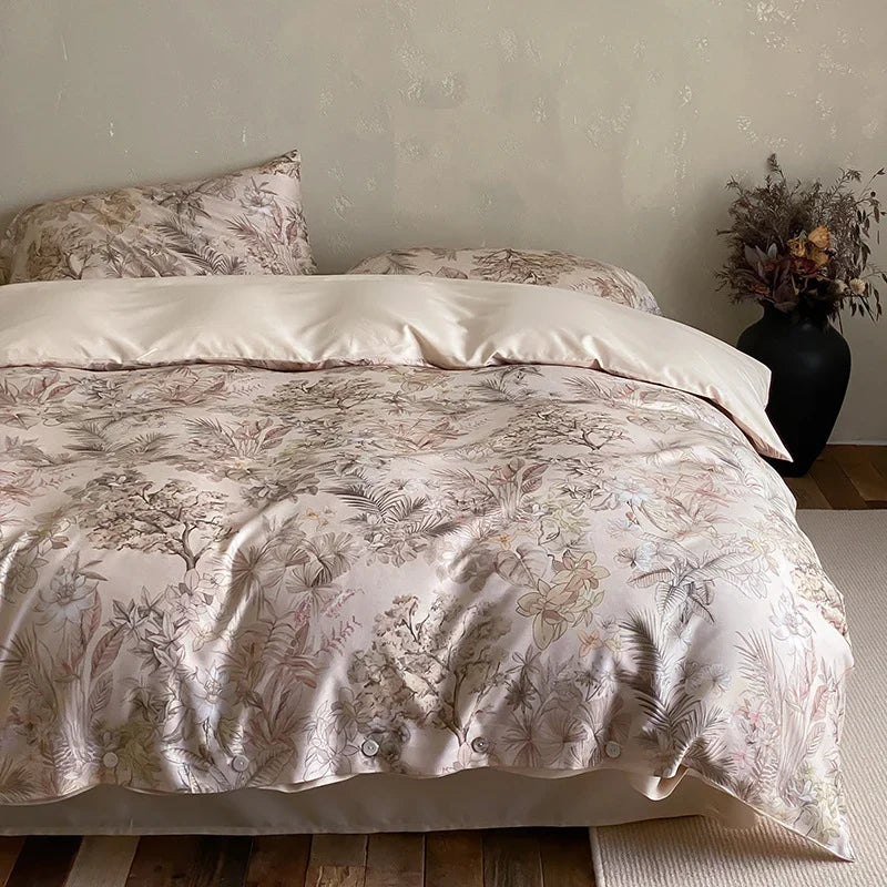 Duvet Cover Set Cotton Satin Floral Jacquard Button Closure