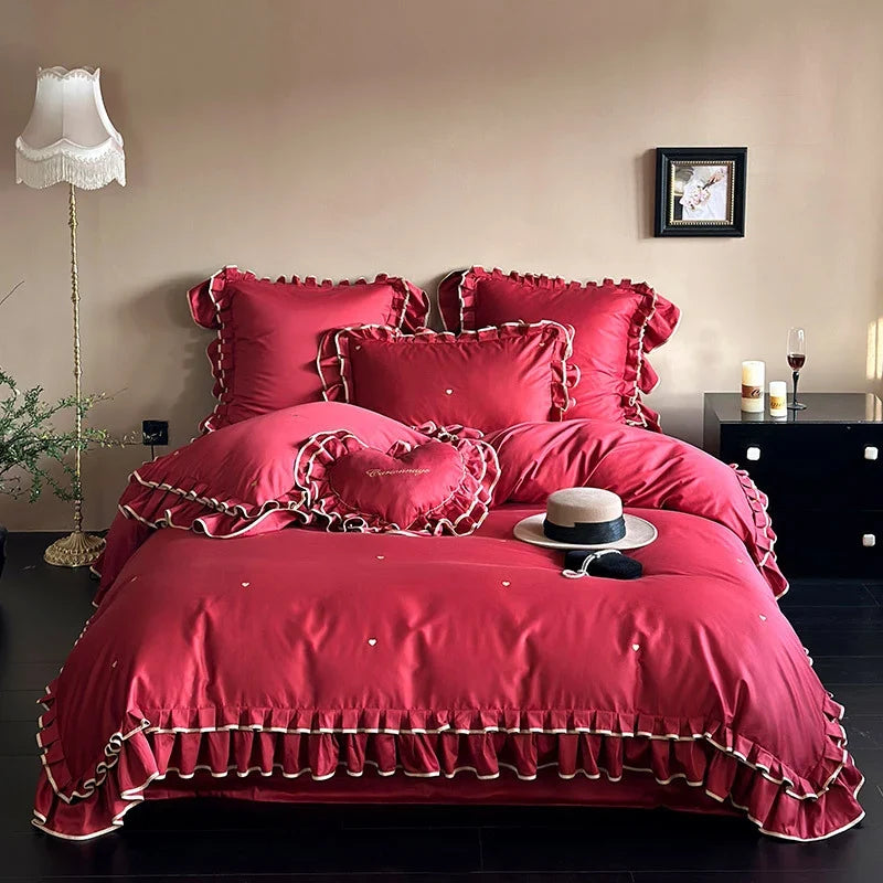 Duvet Cover Set Cotton Satin Heart Embroidery