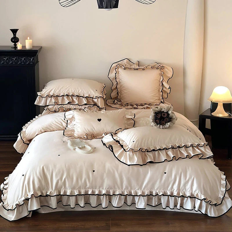 Duvet Cover Set Cotton Satin Heart Embroidery