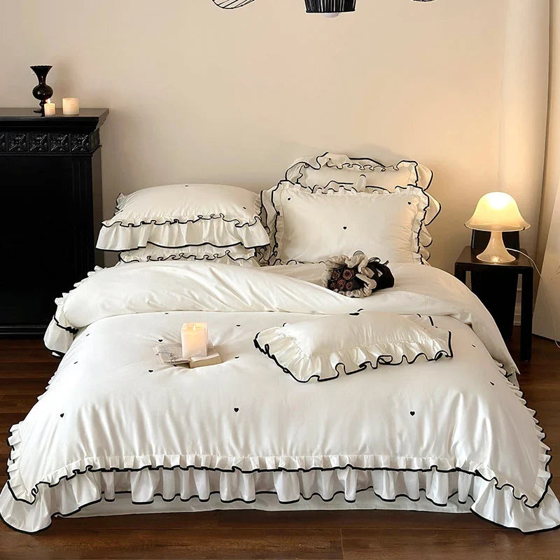 Duvet Cover Set Cotton Satin Heart Embroidery