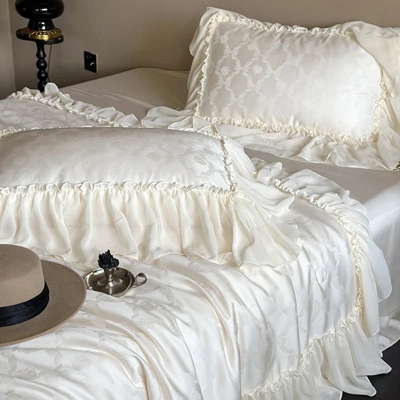 Duvet Cover Set Cotton Satin Jacquard Ruffle Trim