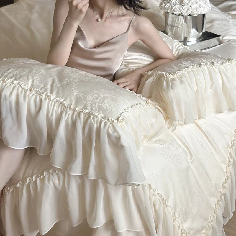 Duvet Cover Set Cotton Satin Jacquard Ruffled Edges