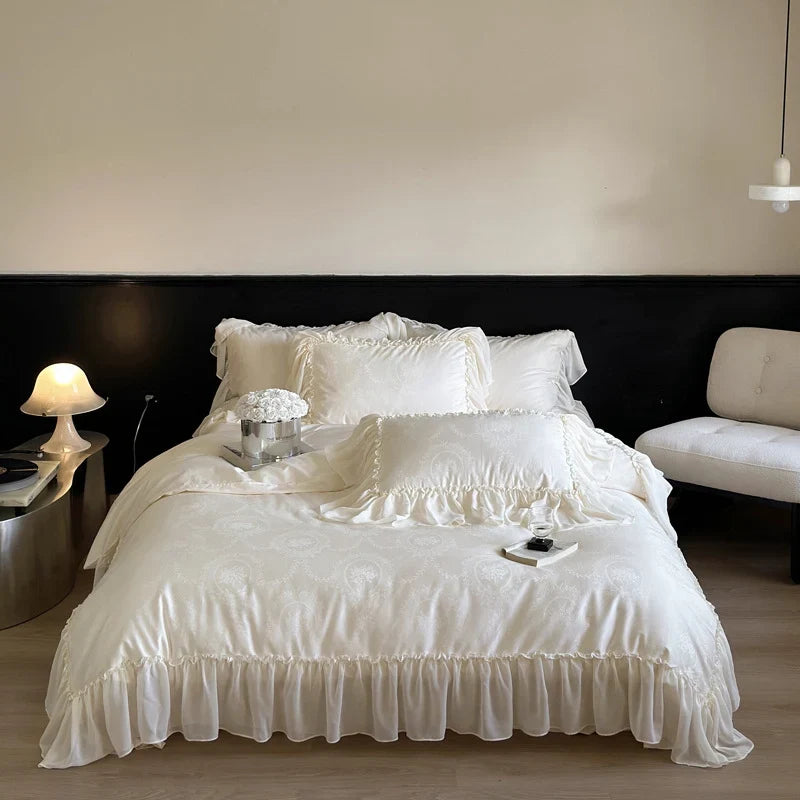 Duvet Cover Set Cotton Satin Jacquard Ruffled Edges