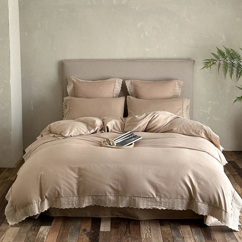 Duvet Cover Set Cotton Satin Lace Trim 4-Piece